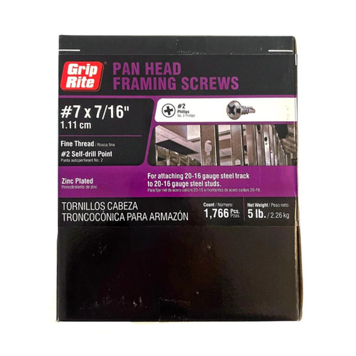 GRIP-RITE 716ZSDPH5 #7 x 7/16 in. Zinc Plated #2 Self Drill Pan Framing Head Fine Thread Framing Screws (5 lb.) (1766/Pack)
