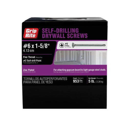 GRIP-RITE 158ZSDS5 #6 x 1-5/8 in. Zinc Plated #3 Self Drill Bugle Head Fine Thread Drywall Screws (5 lb.) (953/Pack)