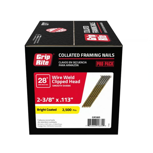 GRIP-RITE GRS8D 2-3/8 in. x 0.113 in. 28 Degree Bright Coated Wire Weld Clipped Head Collated Framing Nails (2500/Pack)