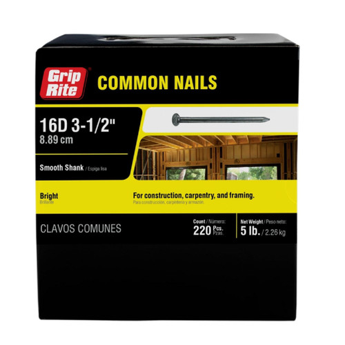 GRIP-RITE 16C5 #8 x 3-1/2 in. 16D Bright Common Nails (5 lb.) (220/Pack)