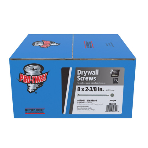 PRO-TWIST SDZ238 #8 x 2-3/8 in. Zinc Plated #2 Phillips Bugle Head Fine Thread Drywall Screws (25 lb.) (3000/Pack)