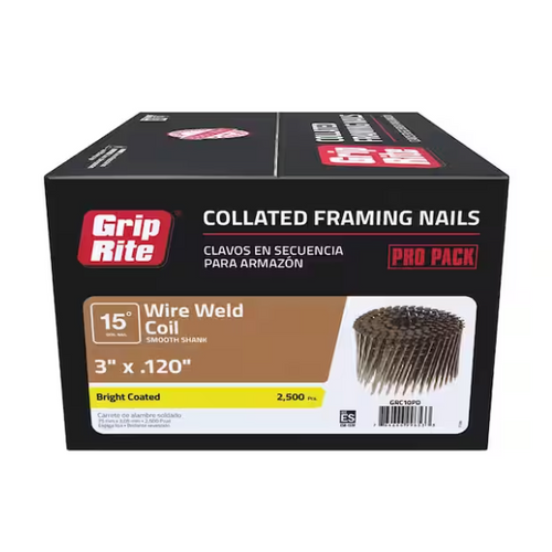 GRIP-RITE GRC10PD 3 in. x 0.120 in. 15 Degree Bright Coated Wire Weld Coil Collated Framing Nails (2500/Pack)