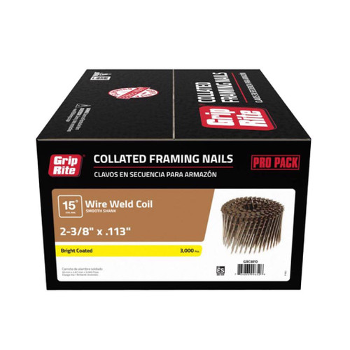 GRIP-RITE GRC8PD 2-3/8 in. x 0.113 in. 15 Degree Bright Coated Wire Weld Coil Collated Framing Nails (3000/Pack)