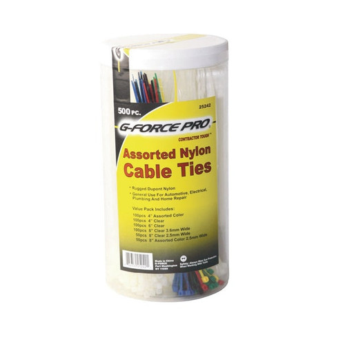 G-FORCE 25242 Assorted Nylon Cable Ties Canister (500/Pk)