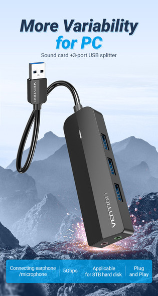 Vention CHIBB 3-Port USB3.0 Hub with Sound Card and Power Supply