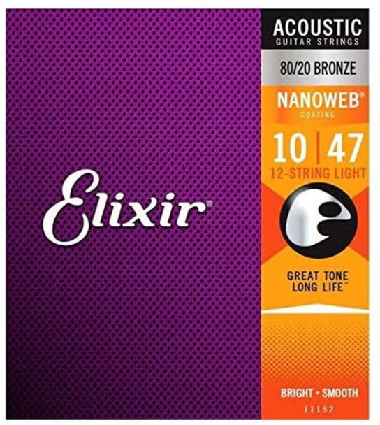 Elixir Nanoweb 80/20 Bronze 12 String Light Acoustic Guitar Strings 10-47