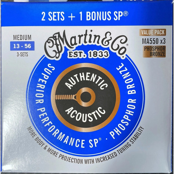 Martin - MA550 - Authentic Superior Performance Acoustic Guitar Strings - Phosphor Bronze - Medium - 92/8 - Pack of 3