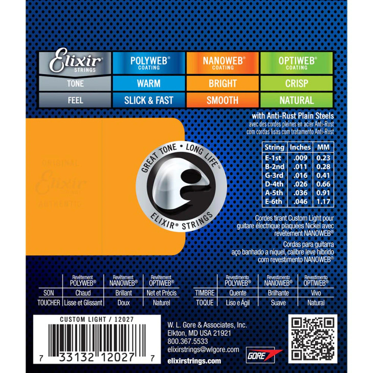 Elixir Electric Nickel Plated Steel with NANOWEB Coating Custom Light (.009-.046)