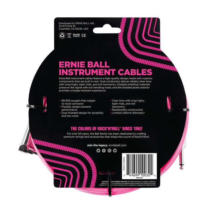 Ernie Ball - P06078 - Braided Instrument Cable - Straight/Angle - 10ft - Neon Pink (P06078)