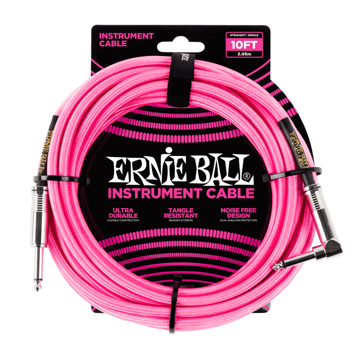 Ernie Ball - P06078 - Braided Instrument Cable - Straight/Angle - 10ft - Neon Pink