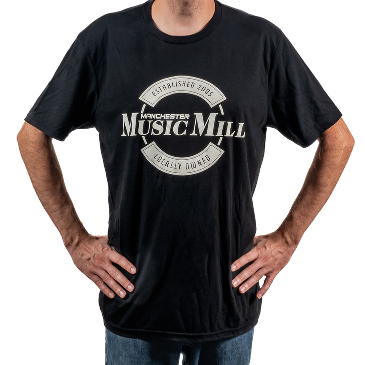 Manchester Music Mill Round Logo T-Shirt - Black w/White Logo - Large 