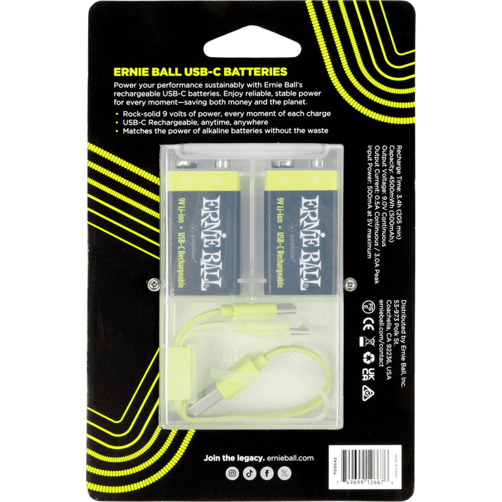 Ernie Ball - P09642 - USB-C Rechargeable 9v Battery by Paleblue - 2 Pack