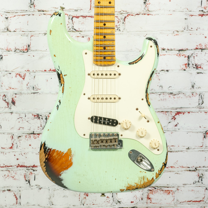 Fender 2016 Custom Shop 1950s Stratocaster Electric Guitar Ash Heavy Relic Surf Green Over 2-Tone Sunburst w/OHSC and COA USED