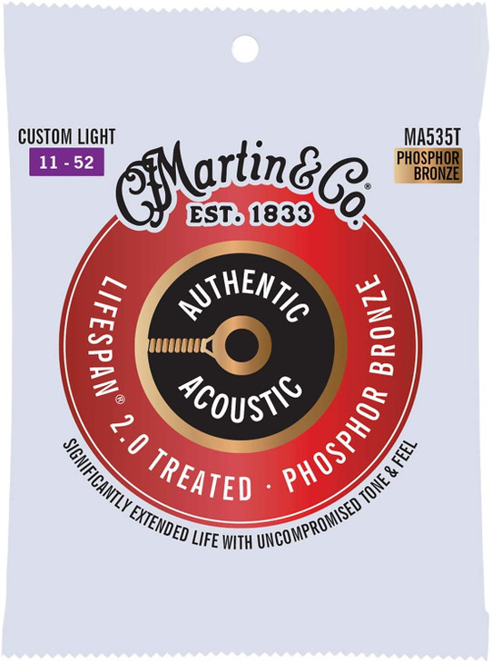 Martin MA535T Authentic Acoustic Lifespan 2.0 Treated 92/8 Phosphor Bronze Guitar Strings - .011-.052 Custom Light