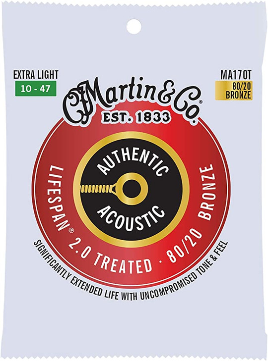 Martin MA170T Authentic Acoustic Lifespan 2.0 Treated 80/20 Bronze Guitar Strings - .010-.047 Extra Light
