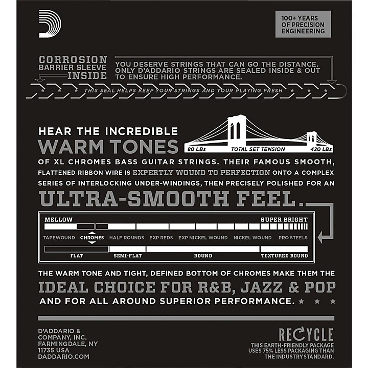 D'addario ECB80 40-95 Super Light, Long Scale, XL Chromes Bass Strings