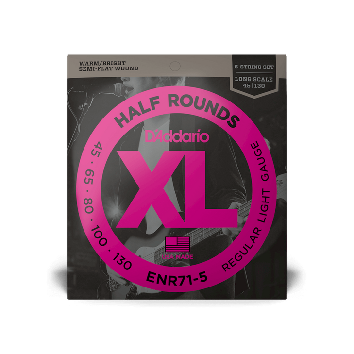 D'Addario - ENR71-5 - Half Rounds XL - 5-String Bass Guitar String Set - Warm/Bright  - Semi-flat 