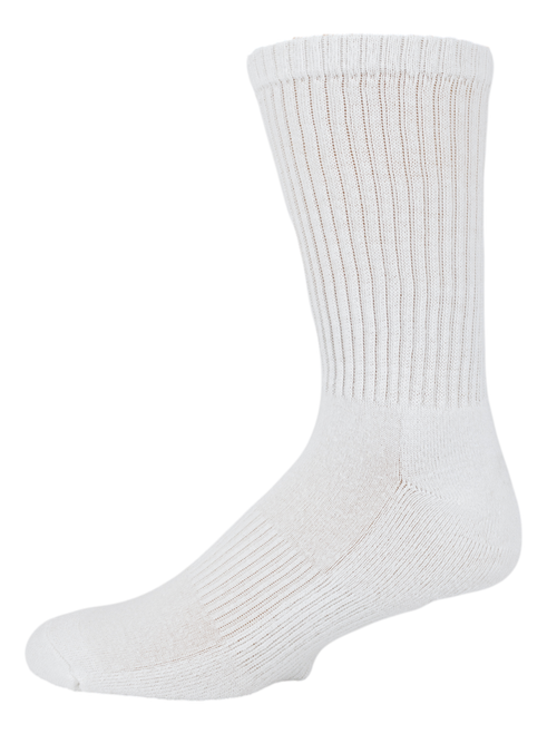 Left side view of white Wholesale Bulk Pack of American Made Men's Crew Sock, size 9-13, showing arch support on foot model