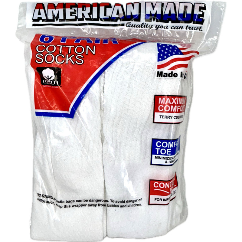 American Made Men's Cotton Tube Socks 6 Pair Pack, Universal Size Fits Men, Women Children. Great for Sports, Work, Charity, Play, Donation. USA Made