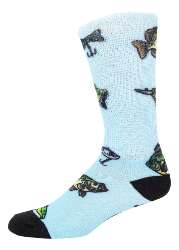 Left side view of Fishey Lures; Cool & Crazy by Physician's Choice Diabetic Socks Left side view of Fishey Lures; Cool & Crazy by Physician's Choice Diabetic Socks