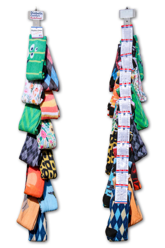 Cool and Crazy Grab-n-Go Sale Strip by Physician's Choice Diabetic Socks, featuring a 12-pair pre-loaded display of comfortable, stylish diabetic socks in bright designs, perfect for retail impulse buys Cool and Crazy Grab-n-Go Sale Strip by Physician's Choice Diabetic Socks, featuring a 12-pair pre-loaded display of comfortable, stylish diabetic socks in bright designs, perfect for retail impulse buys