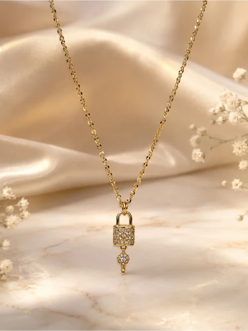 Gold Plated on Sterling Padlock & Key Pendant Necklace - Elegant Women's Jewelry
