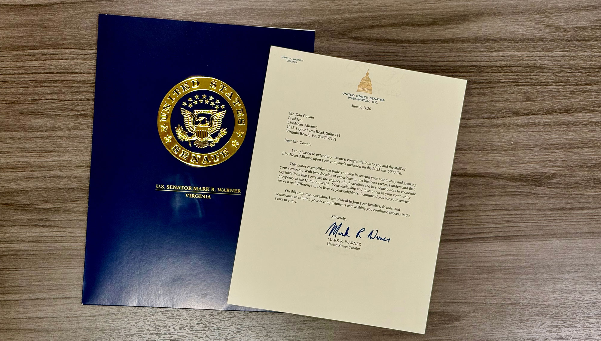 Senator Mark Warner Recognizes LionHeart Alliance’s Inc. 5000 Achievement