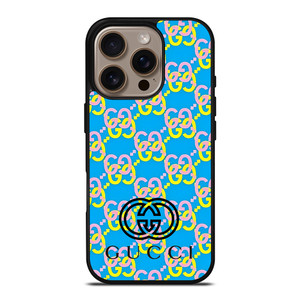 GUCCI LOGO PATTERN BLUE PINK YELLOW iPhone 16 Pro Case Cover