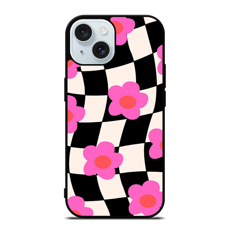 CHECKERED AESTHETIC DAISY FLOWER iPhone 15 Case Cover