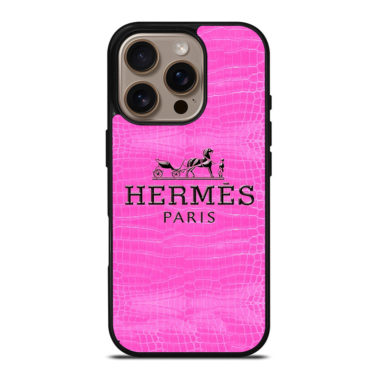 HERMES PARIS LOGO PINK LEATHER iPhone 16 Pro Case Cover HERMES PARIS LOGO PINK LEATHER iPhone 16 Pro Case Cover