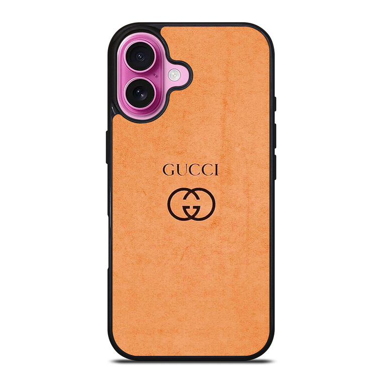 GUCCI LOGO ON ORANGE LEATHER PATTERN iPhone 16 Plus Case Cover