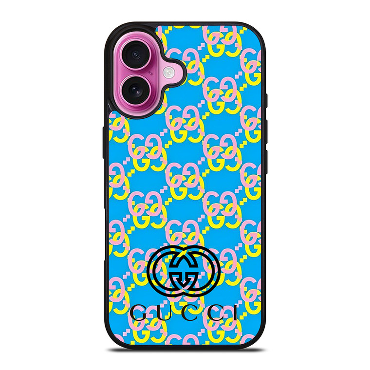GUCCI LOGO PATTERN BLUE PINK YELLOW iPhone 16 Plus Case Cover