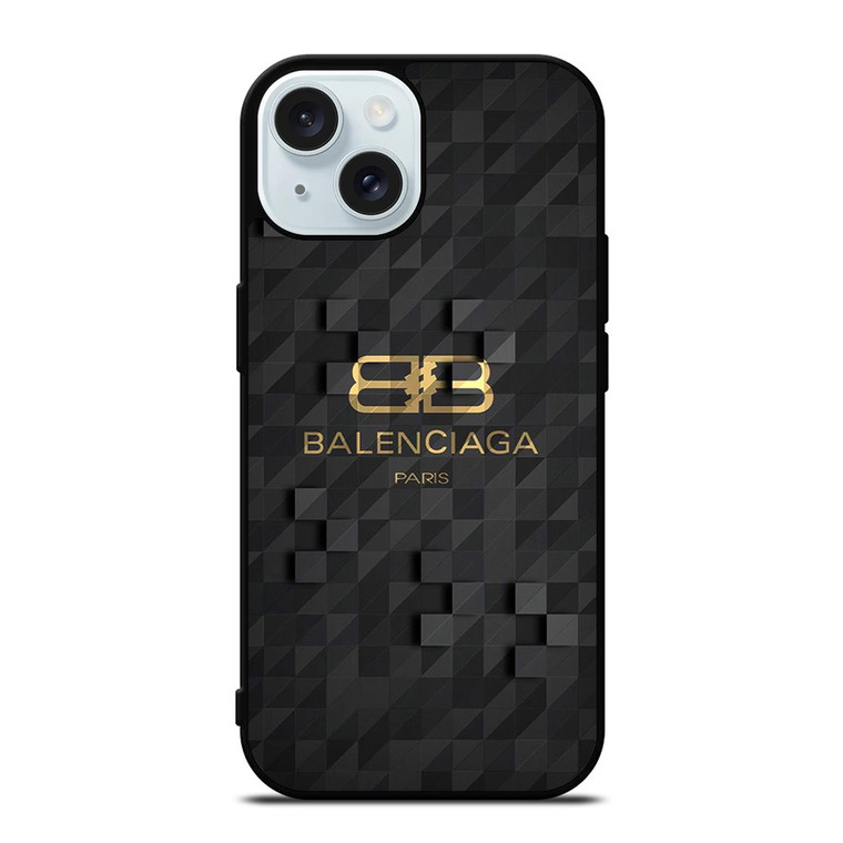 BALENCIAGA PARIS LOGO BLACK GOLD iPhone 15 Case Cover