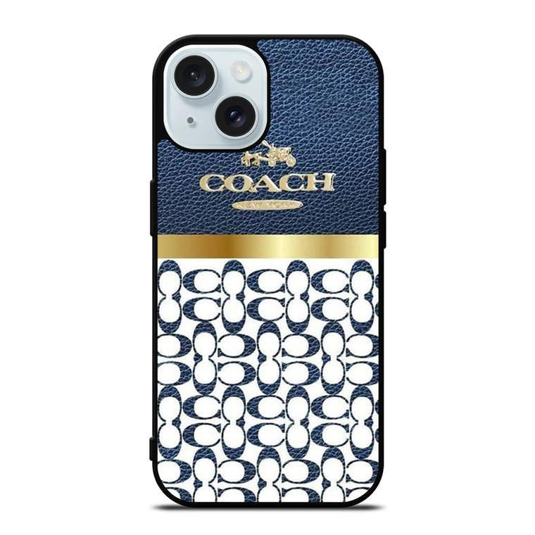 COACH NEW YORK LOGO ON BLUE LEATHER iPhone 15 Case Cover