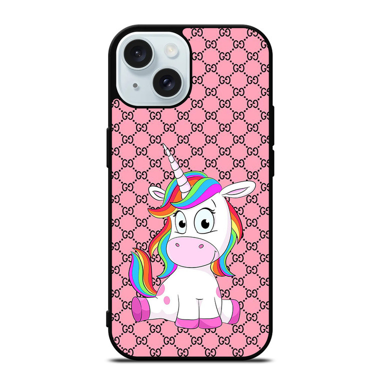 GUCCI LOGO PATTERN CUTE UNICORN iPhone 15 Case Cover