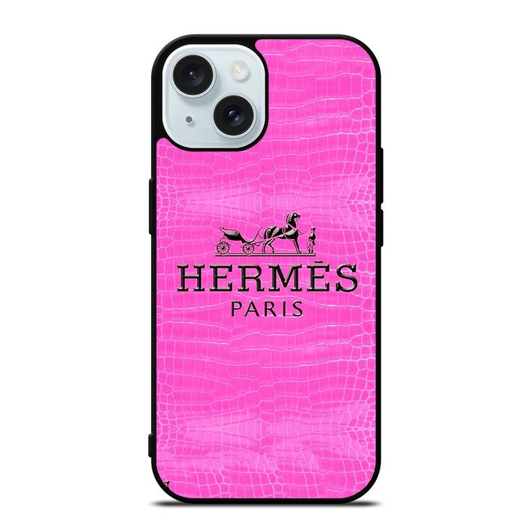 HERMES PARIS LOGO PINK LEATHER iPhone 15 Case Cover