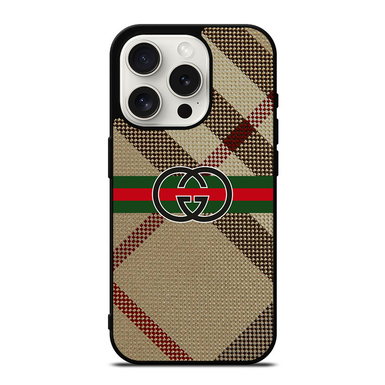 BURBERRY PATTERN GUCCI LOGO iPhone 15 Pro Case Cover