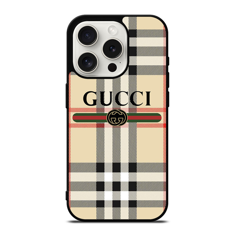 GUCCI LOGO X BURBERRY PATTERN iPhone 15 Pro Case Cover