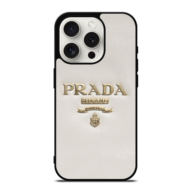 PRADA MILANO LOGO ON WHITE LEATHER iPhone 15 Pro Case Cover