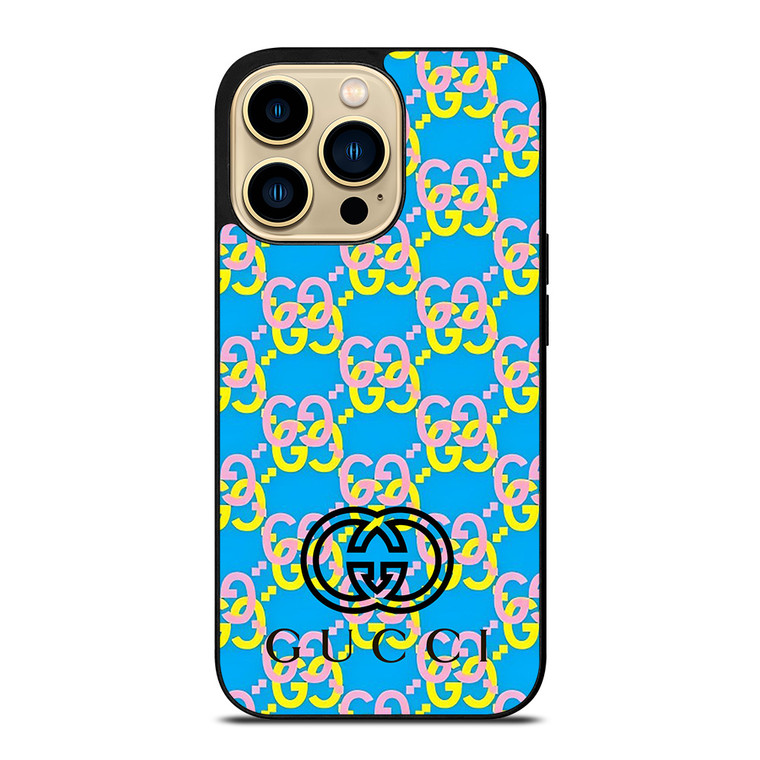 GUCCI LOGO PATTERN BLUE PINK YELLOW iPhone 14 Pro Max Case Cover