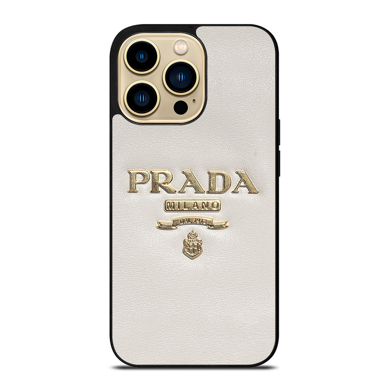 PRADA MILANO LOGO ON WHITE LEATHER iPhone 14 Pro Max Case Cover