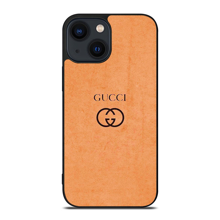 GUCCI LOGO ON ORANGE LEATHER PATTERN iPhone 14 Plus Case Cover