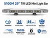5100M 29 inch TIR LED Mini Light Bar feature graphic with 56 LEDs, 36 flash patterns, IP67 rating, dual memory, magnetic rooftop mount, and 5 year warranty
