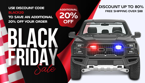 LED emergency vehicle lights on a black police truck with red and blue flashing led light bar, led visor light, and led grille and surface mount strobe lights, showcasing Extreme Tactical Dynamics warning lights at night.