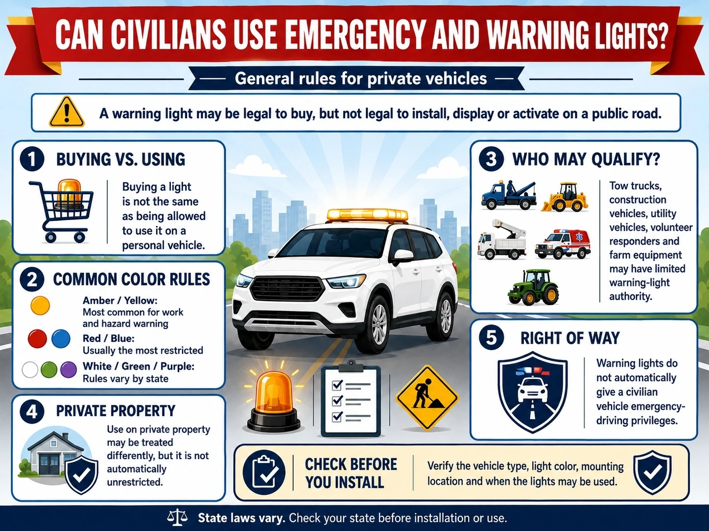 Infographic explaining civilian emergency and warning light laws, including buying versus using, common light colors, qualifying vehicles, private property use, and right-of-way limits.
