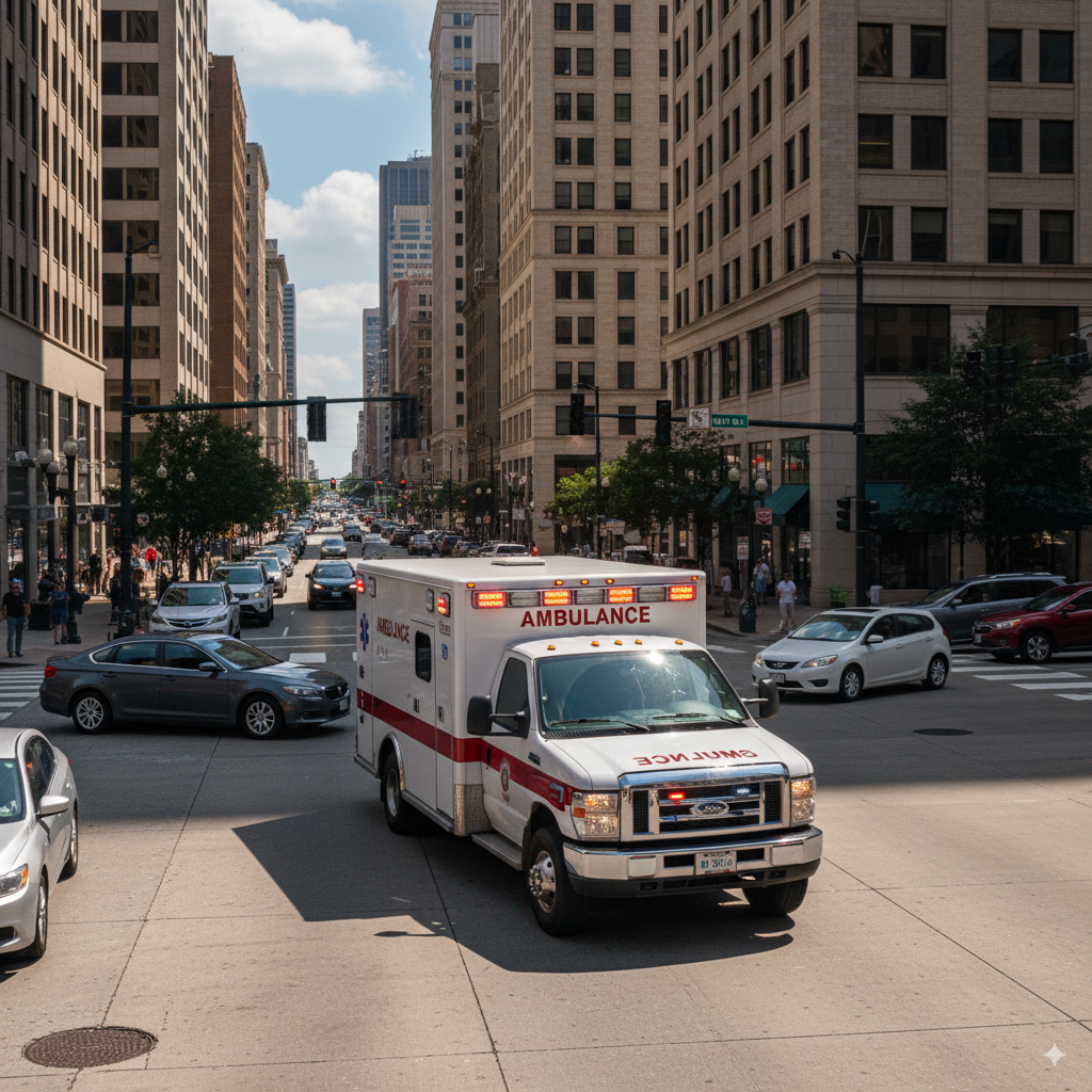 Ambulance with red lights and siren engaged traveling through an intersection.