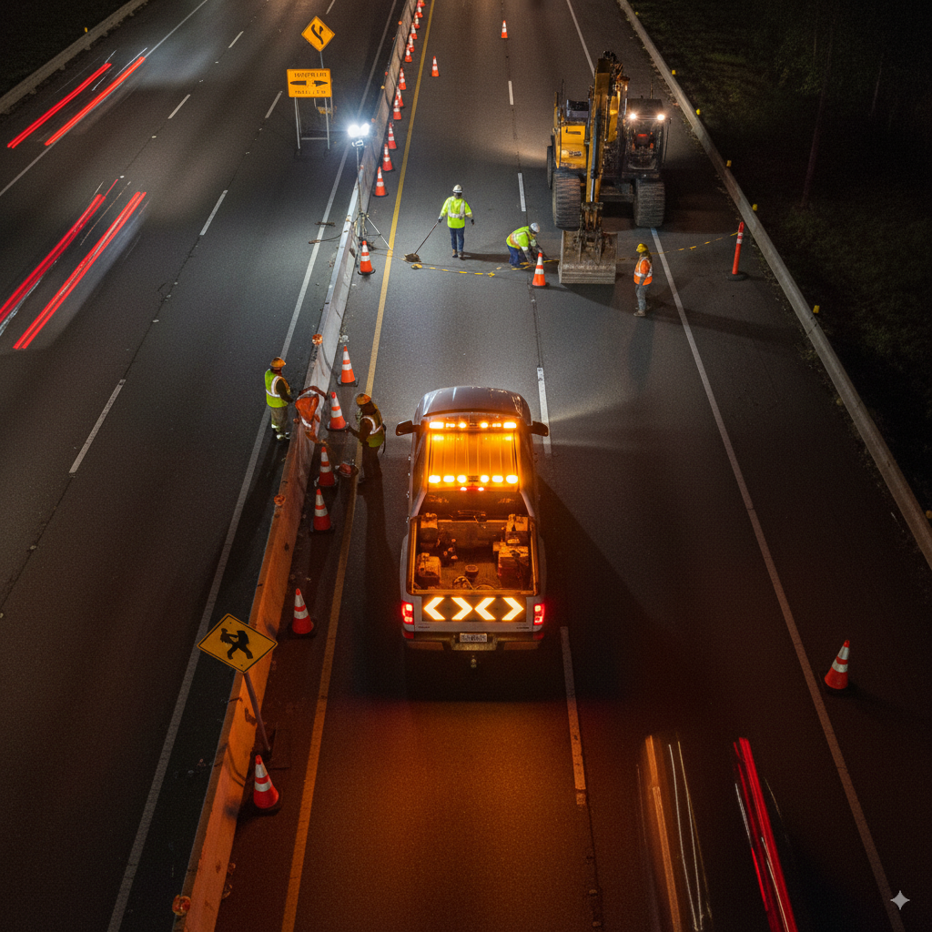 Construction pickup with roof-mounted amber beacons and arrow board active at dusk.