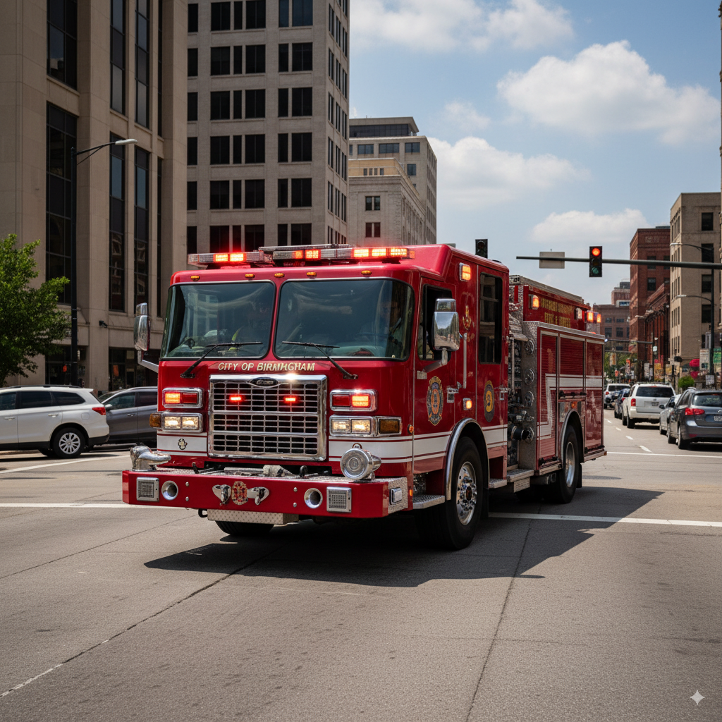 Alabama fire truck responding with red warning lights and alley/takedown scene lights.