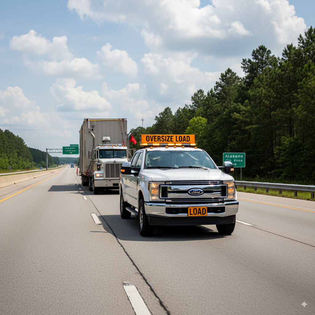 Escort vehicle with “OVERSIZE LOAD” signage and amber light bar leading transport.