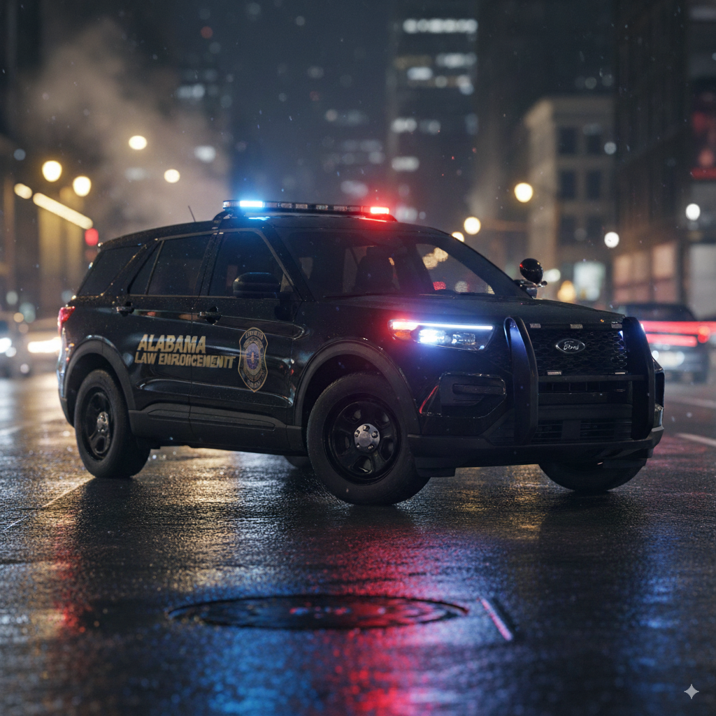 Alabama police cruiser with red and blue emergency lights activated at night, front three-quarter angle.